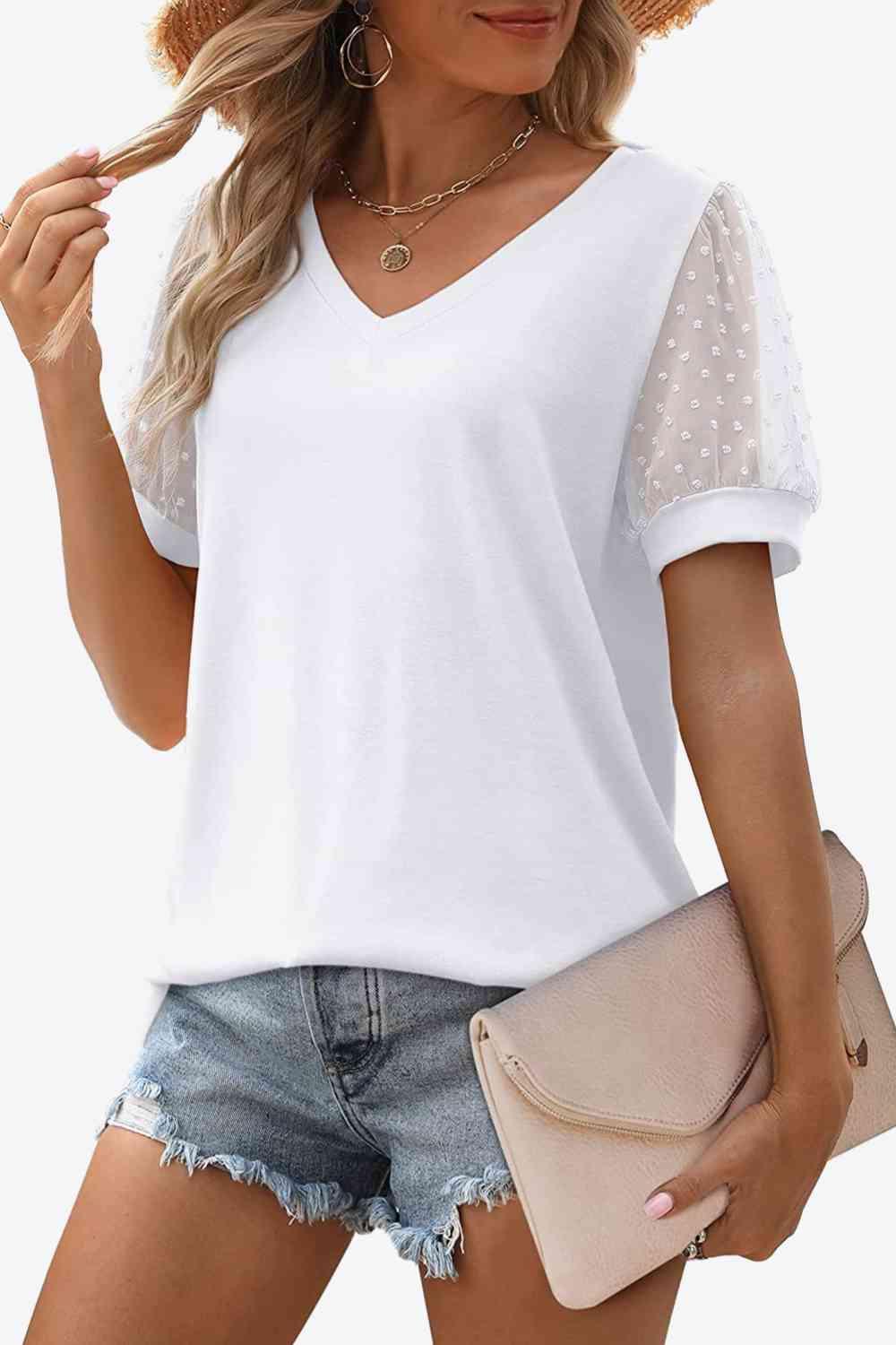 Get trendy with Swiss Dot Puff Sleeve V-Neck Tee - T-Shirt available at Styles Code. Grab yours today!