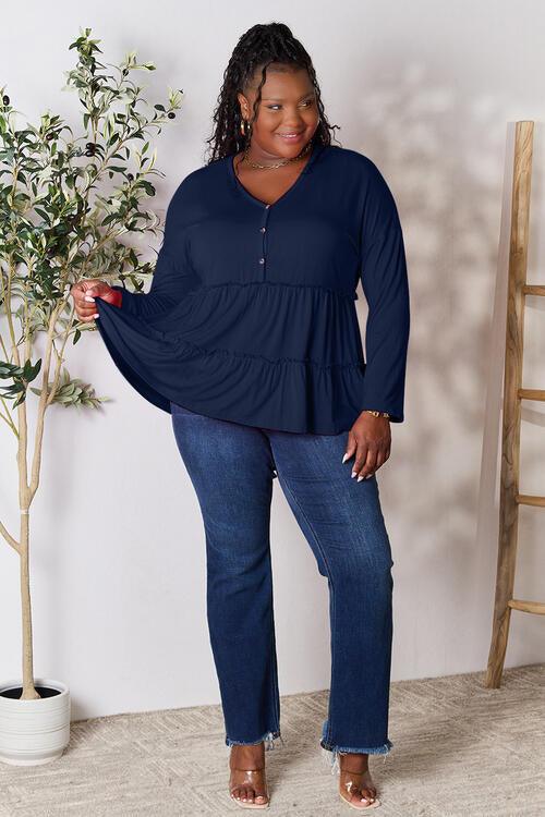 Get trendy with Half Button Ruffle Hem Blouse - Blouse available at Styles Code. Grab yours today!