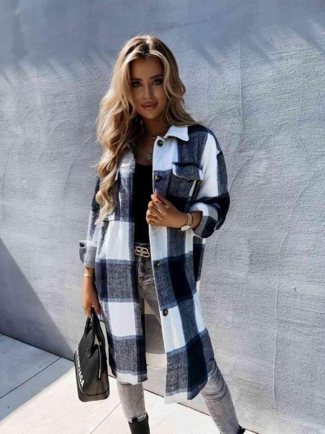 Get trendy with Plaid Collared Neck Longline Shirt - Shirt available at Styles Code. Grab yours today!