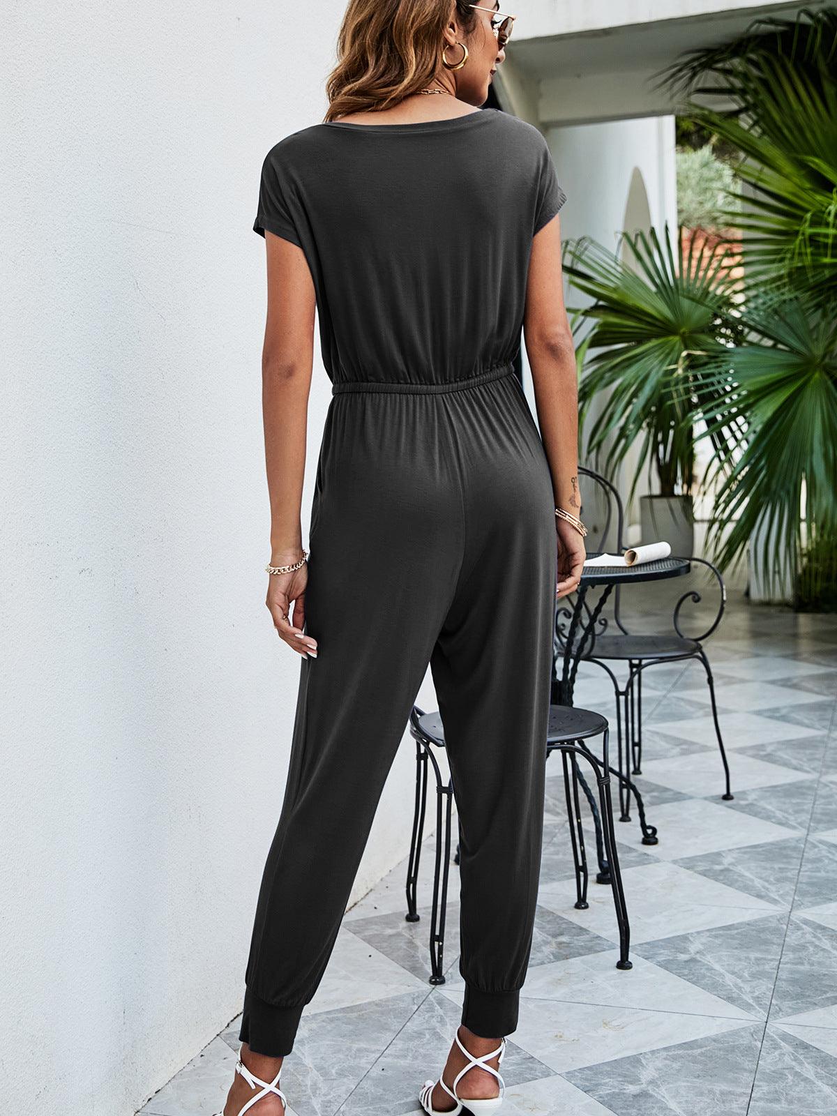 Get trendy with Drawstring Waist Short Sleeve Jogger Jumpsuit - Jumpsuits available at Styles Code. Grab yours today!