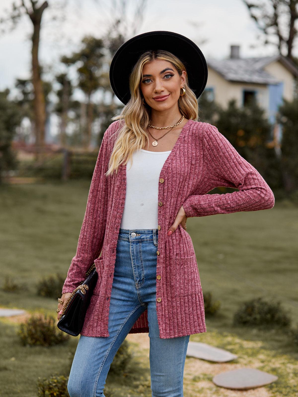 Get trendy with Ribbed Button-UP Cardigan with Pockets - Tops available at Styles Code. Grab yours today!