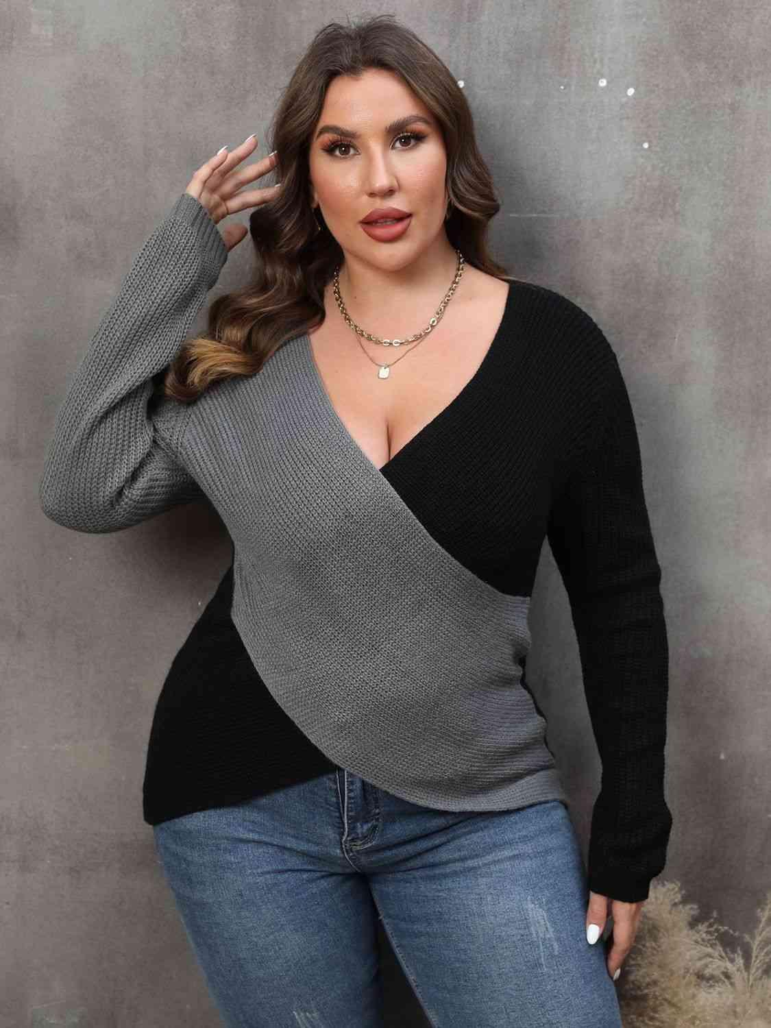 Get trendy with Plus Size Two-Tone Surplice Neck Sweater - Sweater available at Styles Code. Grab yours today!
