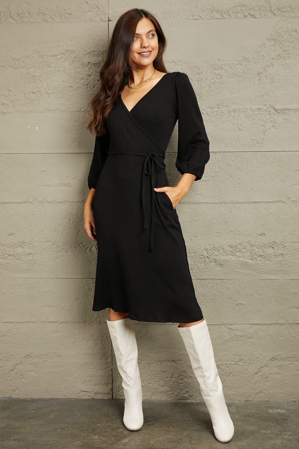 Get trendy with Full Size Surplice Flare Ruching Dress - Luxe available at Styles Code. Grab yours today!