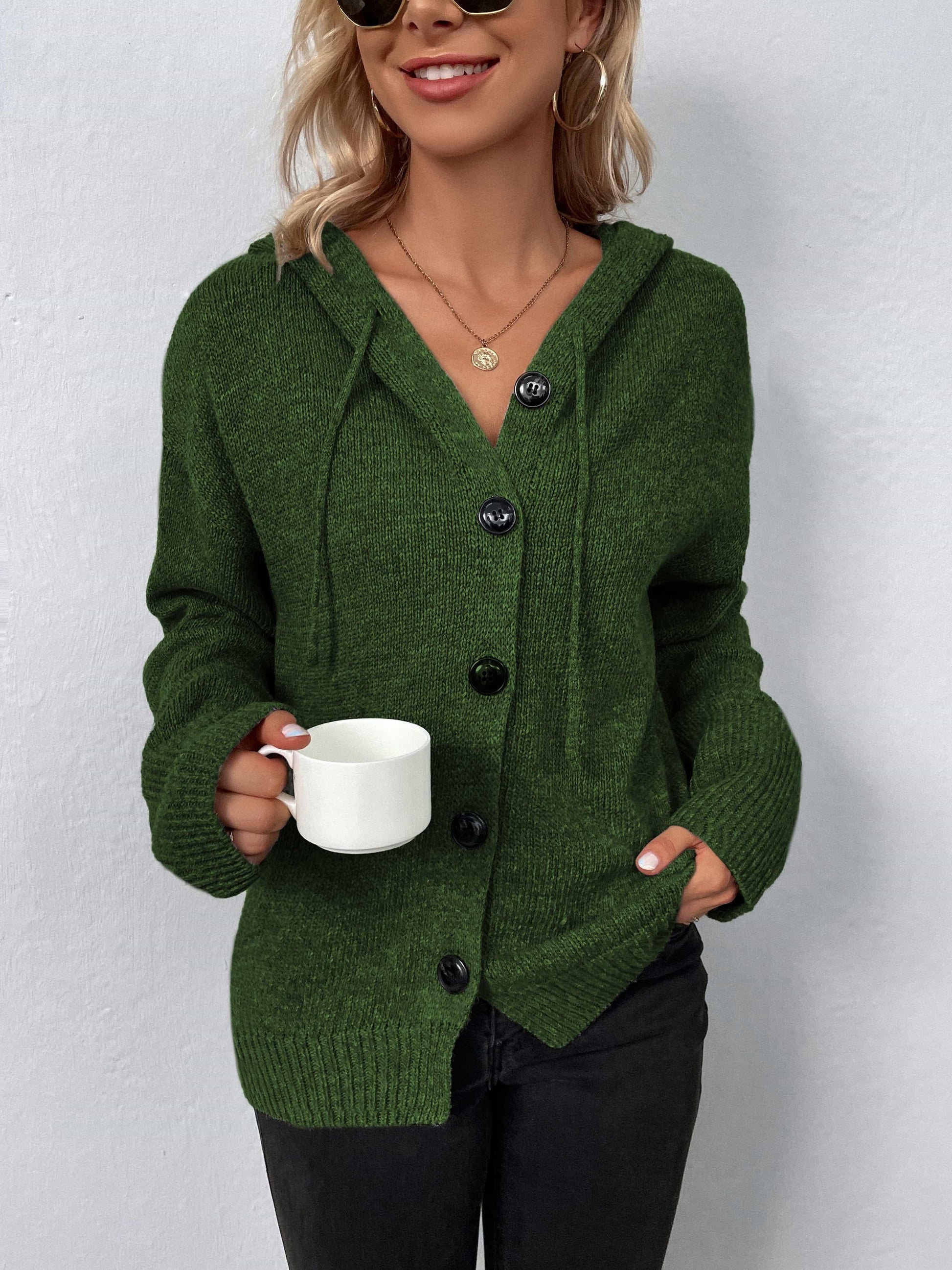 Get trendy with Button-Down Long Sleeve Hooded Sweater - Tops available at Styles Code. Grab yours today!
