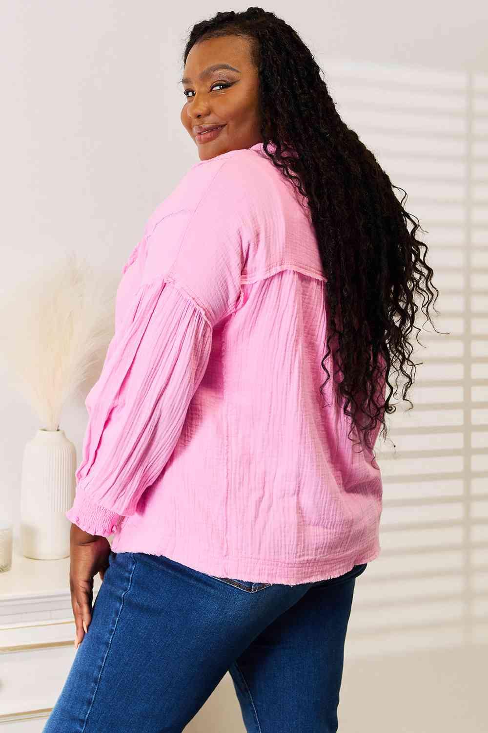 Get trendy with Exposed Seam Buttoned Notched Neck Blouse - Tops available at Styles Code. Grab yours today!