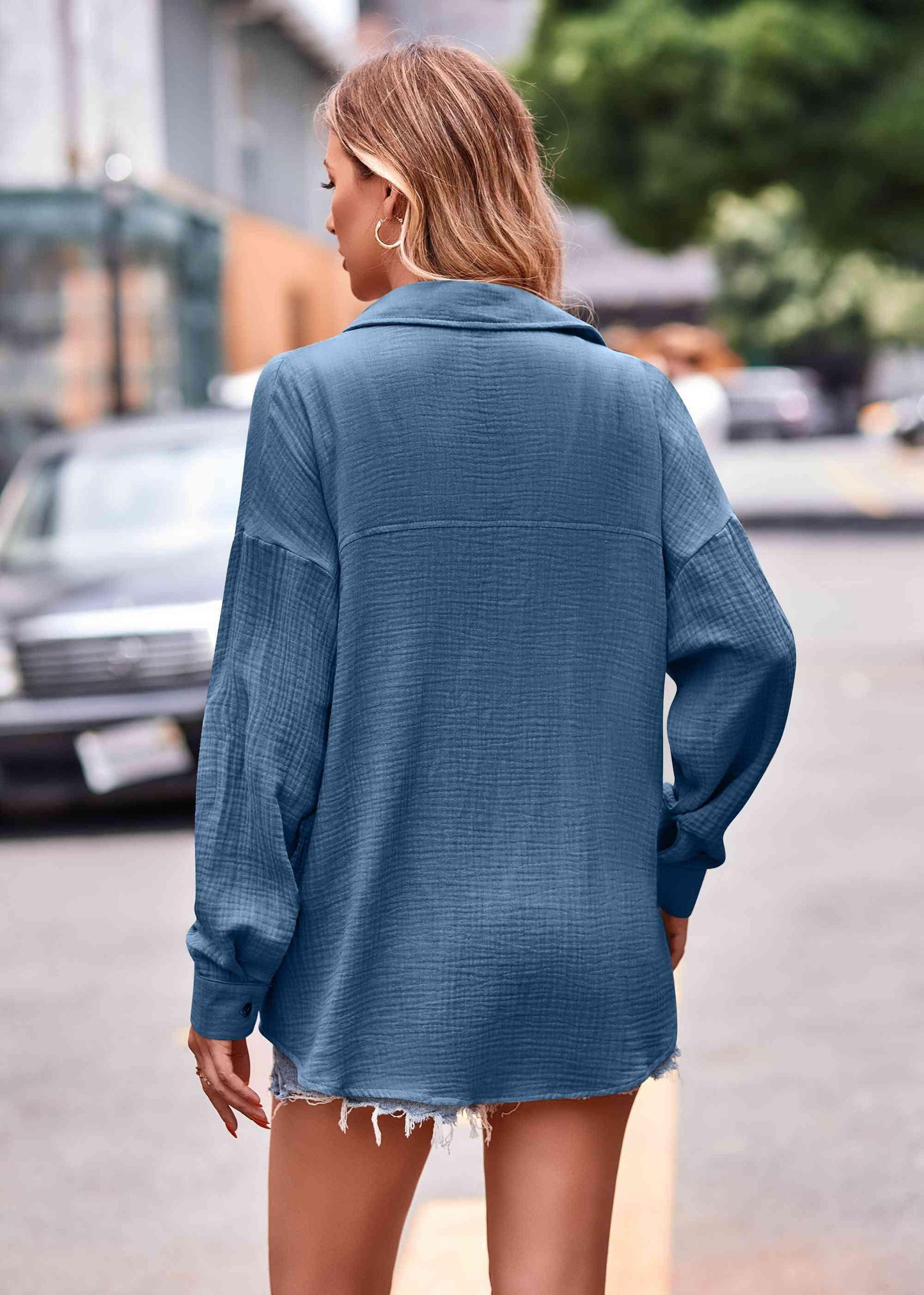 Get trendy with Textured Dropped Shoulder Longline Shirt - Shirt available at Styles Code. Grab yours today!