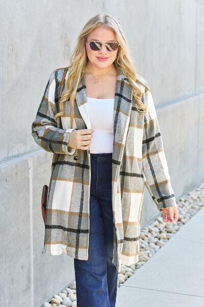 Get trendy with Full Size Plaid Button Up Coat - available at Styles Code. Grab yours today!