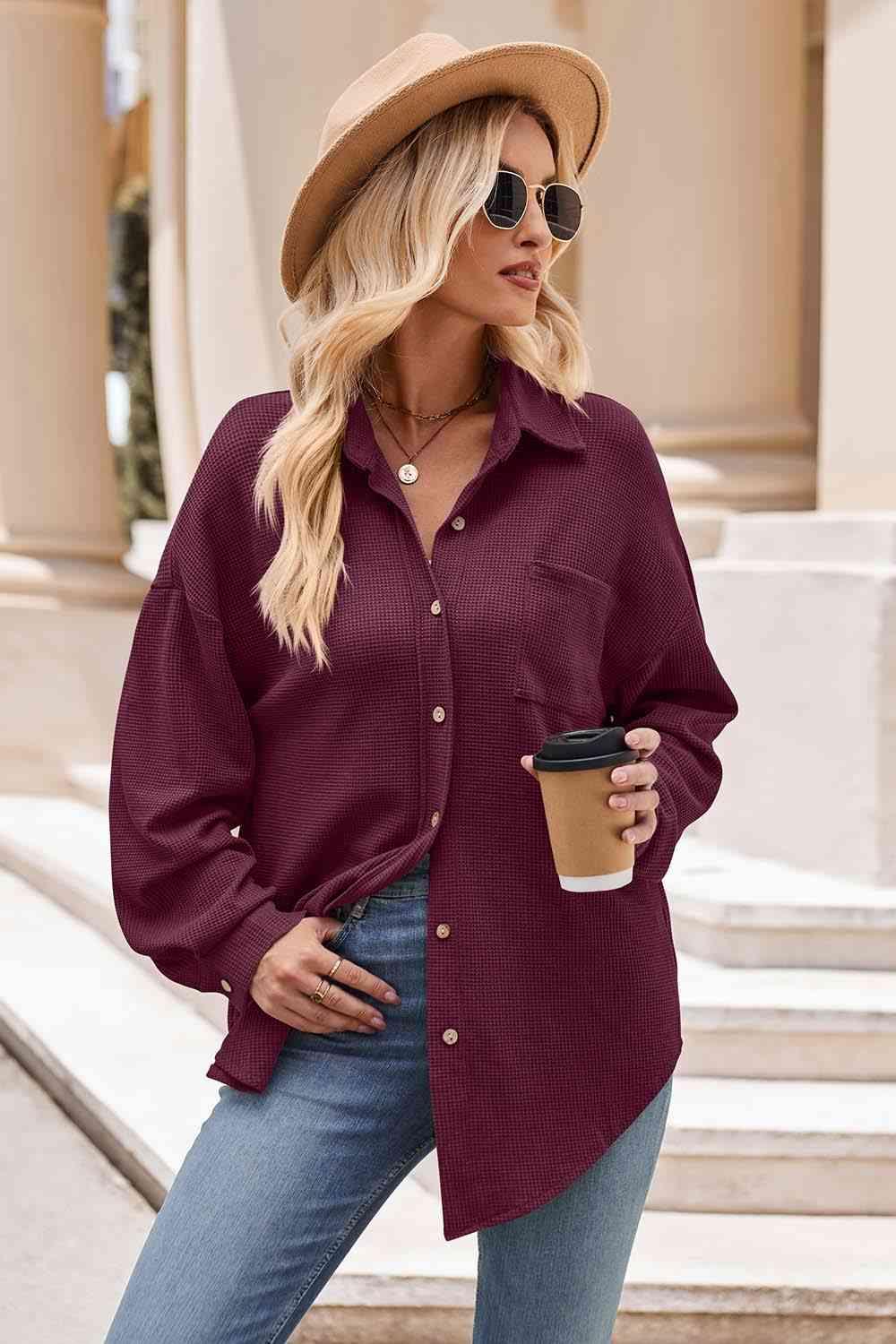 Get trendy with Collared Neck Dropped Shoulder Shirt - Shirt available at Styles Code. Grab yours today!