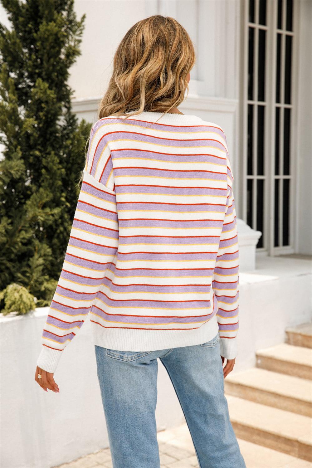 Get trendy with Striped Round Neck Dropped Shoulder Knit Top - Tops available at Styles Code. Grab yours today!