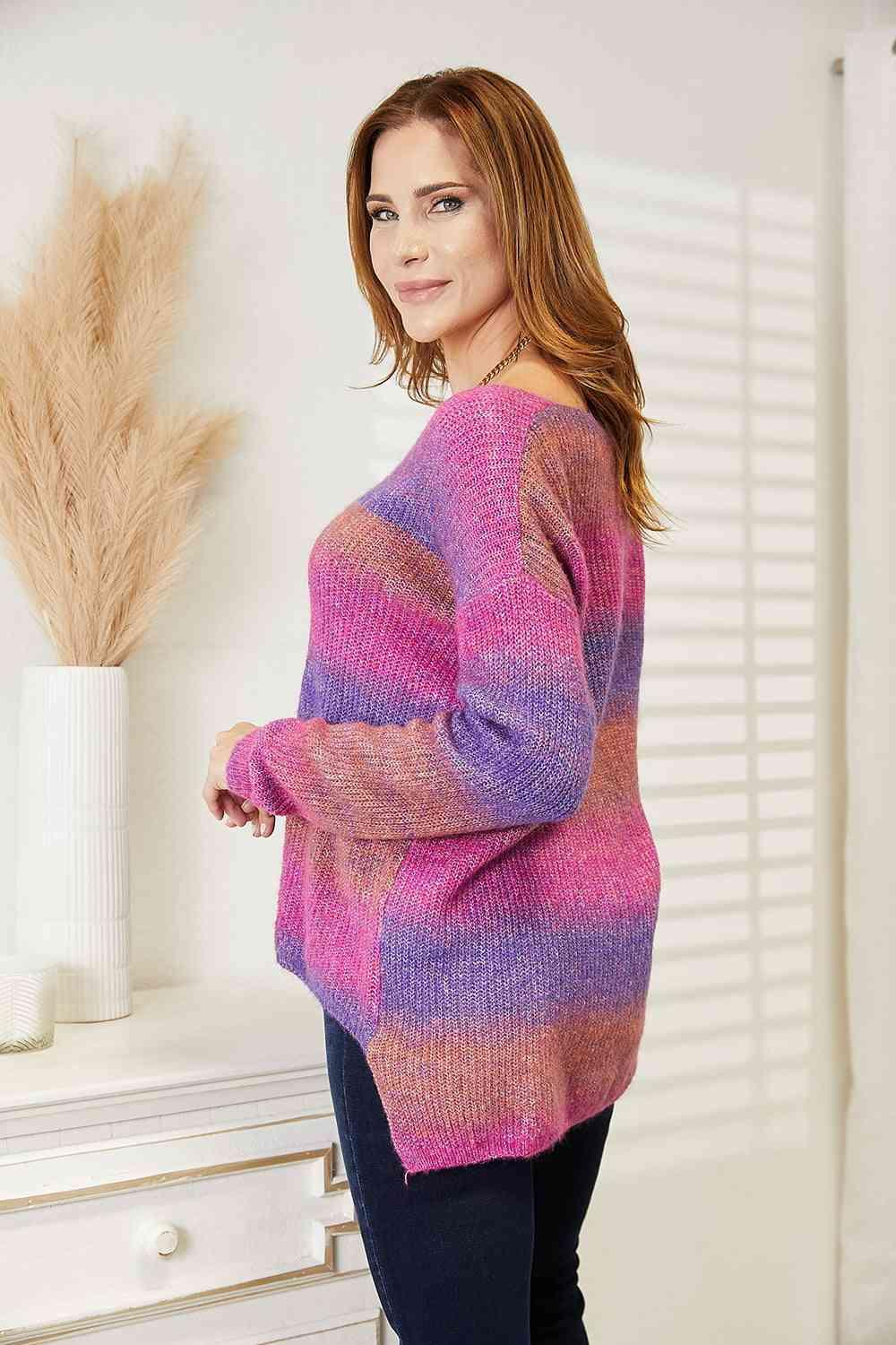 Get trendy with Multicolored Rib-Knit V-Neck Sweater - Sweater available at Styles Code. Grab yours today!