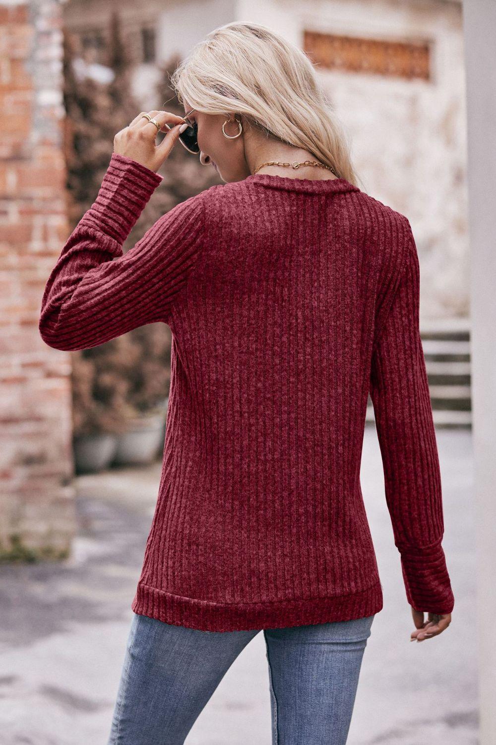 Get trendy with V-Neck Long Sleeve Ribbed Top - Tops available at Styles Code. Grab yours today!