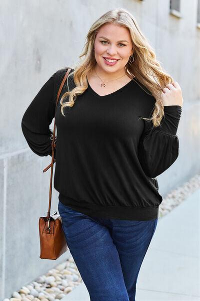 Get trendy with Full Size V-Neck Lantern Sleeve Blouse - Blouse available at Styles Code. Grab yours today!