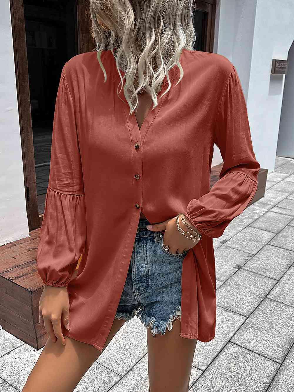 Get trendy with Notched Neck Balloon Sleeve Shirt - Shirt available at Styles Code. Grab yours today!
