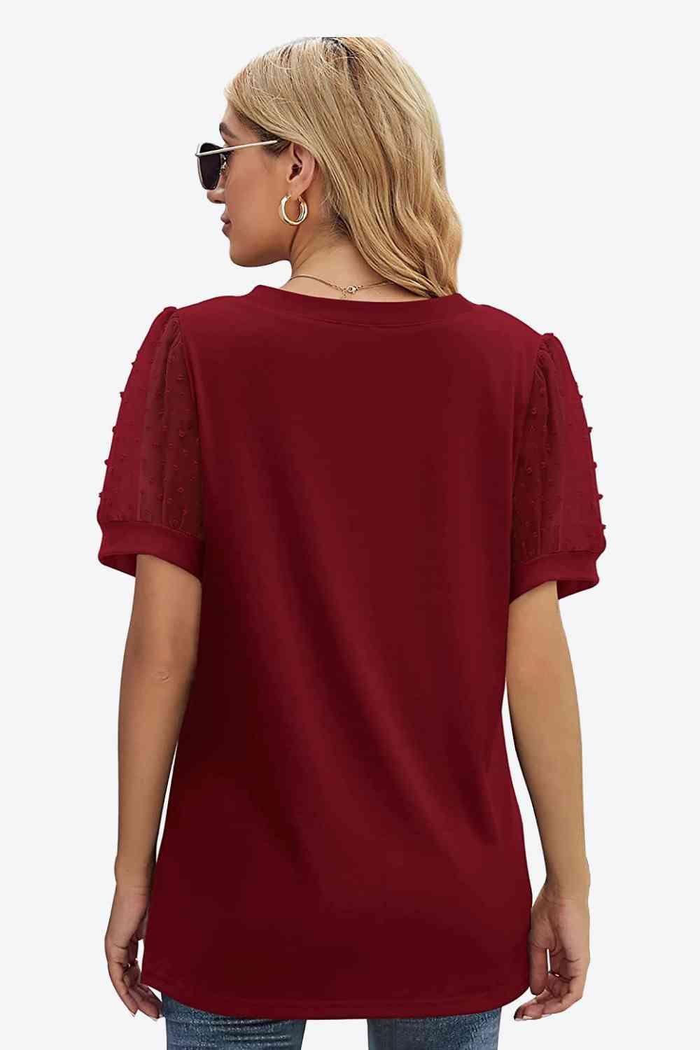 Get trendy with Swiss Dot Puff Sleeve V-Neck Tee - T-Shirt available at Styles Code. Grab yours today!