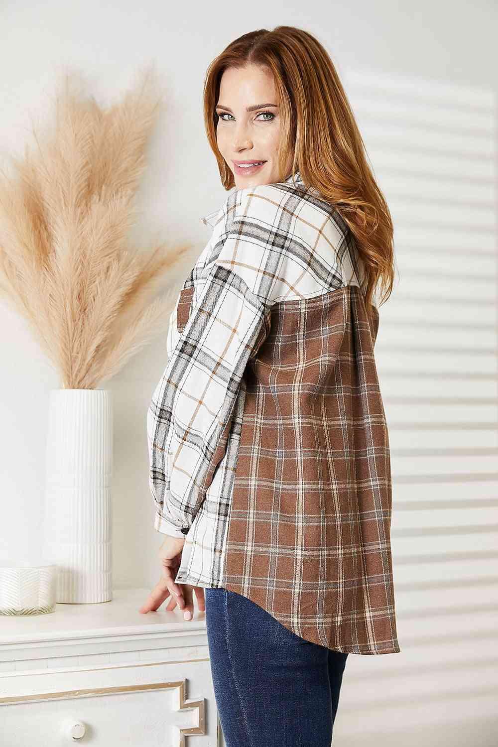 Get trendy with Plaid Contrast Button Up Shirt Jacket - Shirt available at Styles Code. Grab yours today!