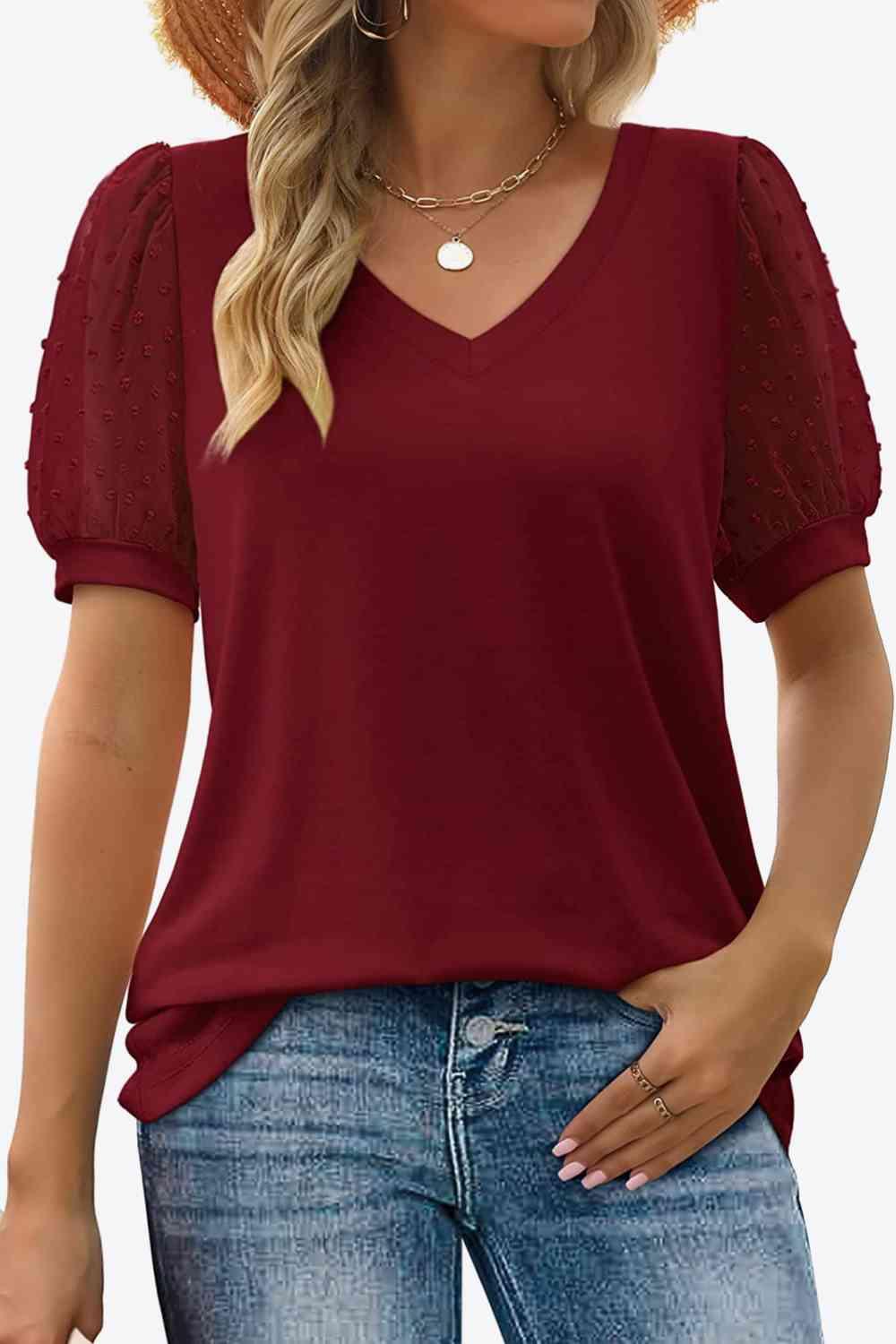 Get trendy with Swiss Dot Puff Sleeve V-Neck Tee - T-Shirt available at Styles Code. Grab yours today!