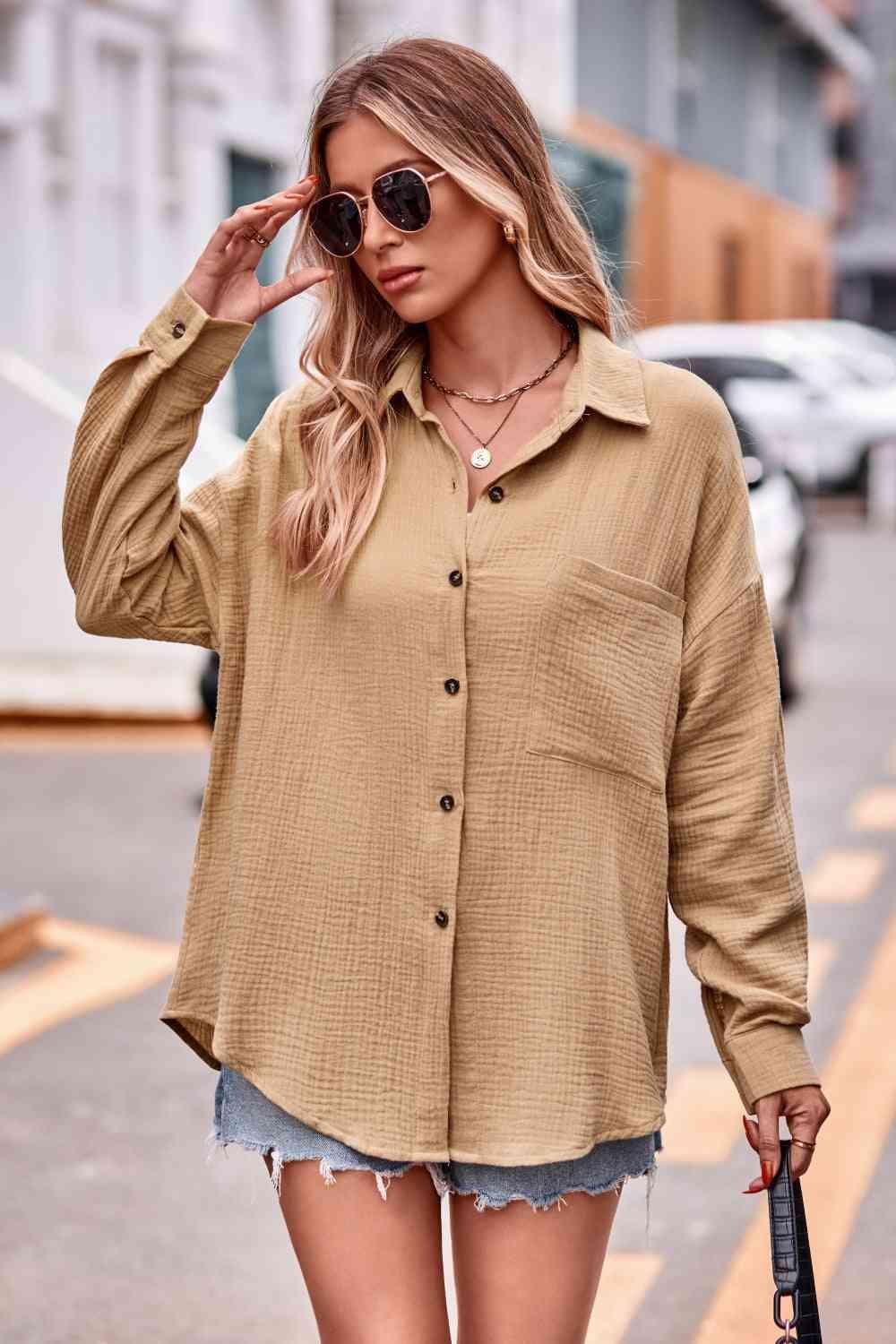 Get trendy with Textured Dropped Shoulder Longline Shirt - Shirt available at Styles Code. Grab yours today!