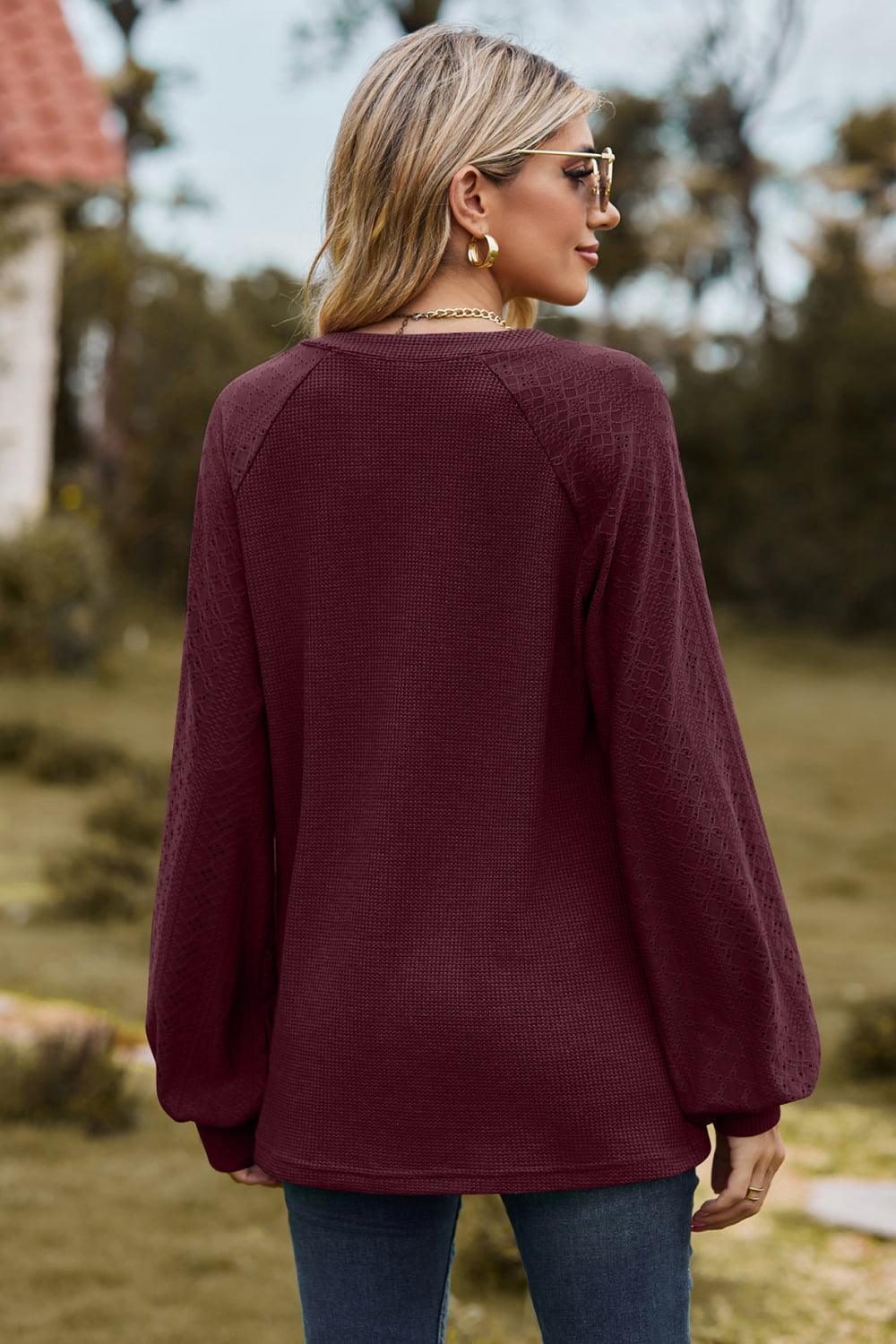 Get trendy with Notched Neck Raglan Sleeve Blouse - Tops available at Styles Code. Grab yours today!