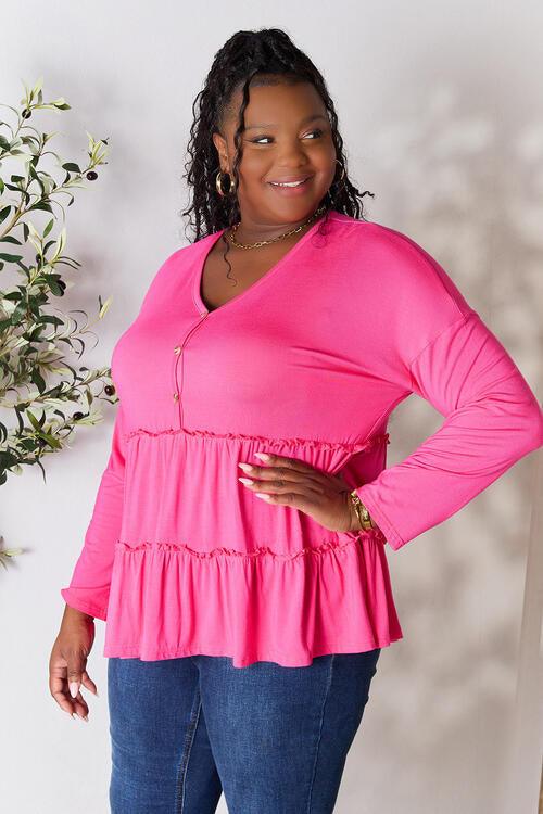 Get trendy with Half Button Ruffle Hem Blouse - Blouse available at Styles Code. Grab yours today!