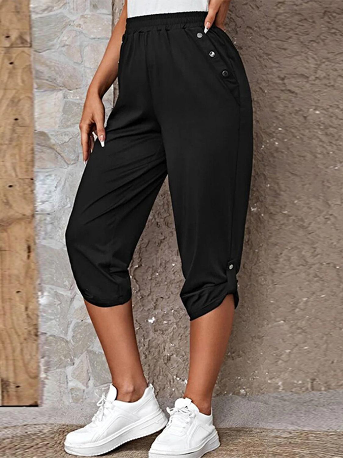 Get trendy with Full Size Roll-Tab Capris Pants - Bottoms available at Styles Code. Grab yours today!