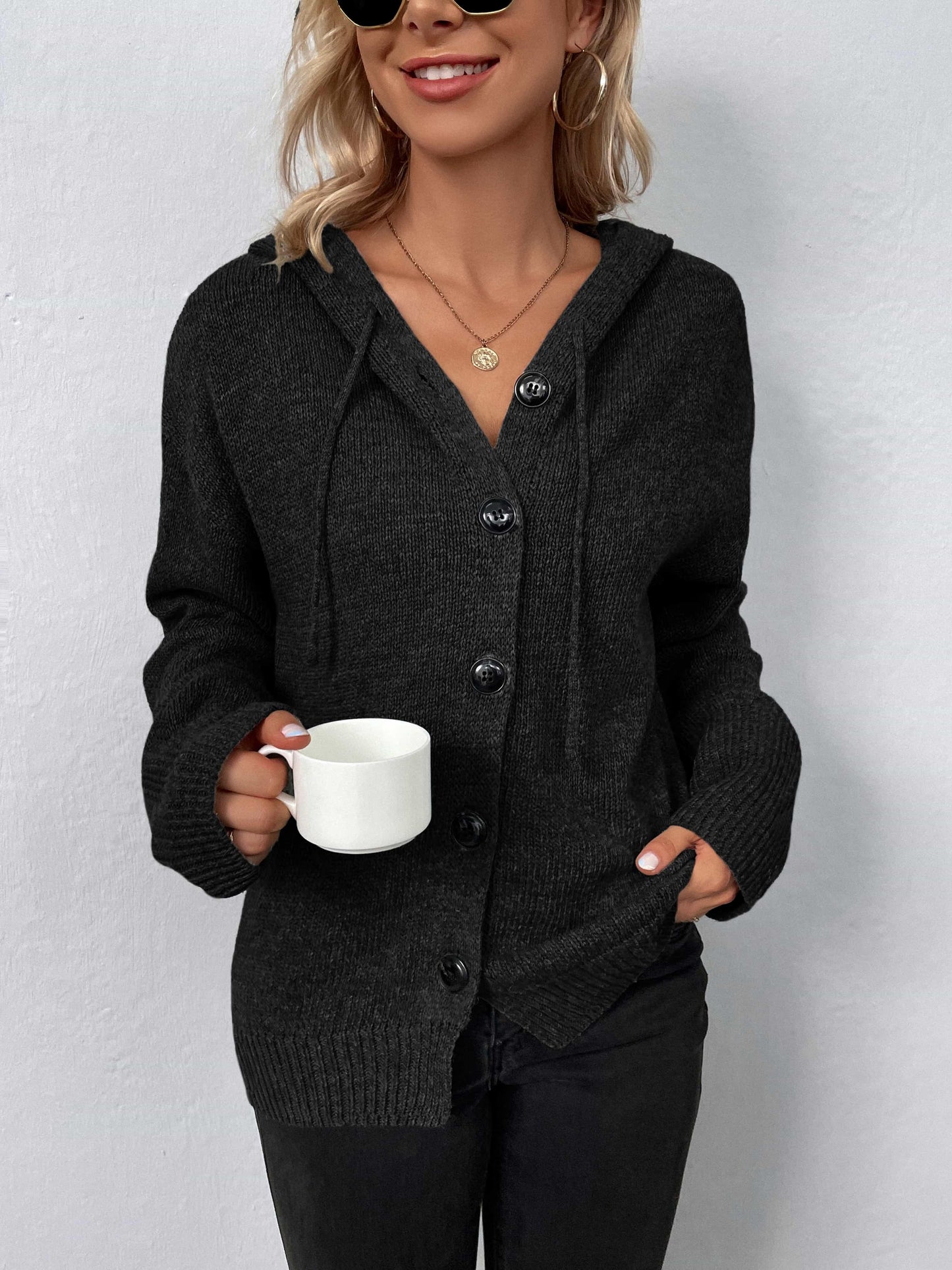 Get trendy with Button-Down Long Sleeve Hooded Sweater - Tops available at Styles Code. Grab yours today!