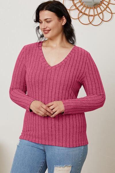 Get trendy with Full Size Ribbed V-Neck Long Sleeve T-Shirt - available at Styles Code. Grab yours today!