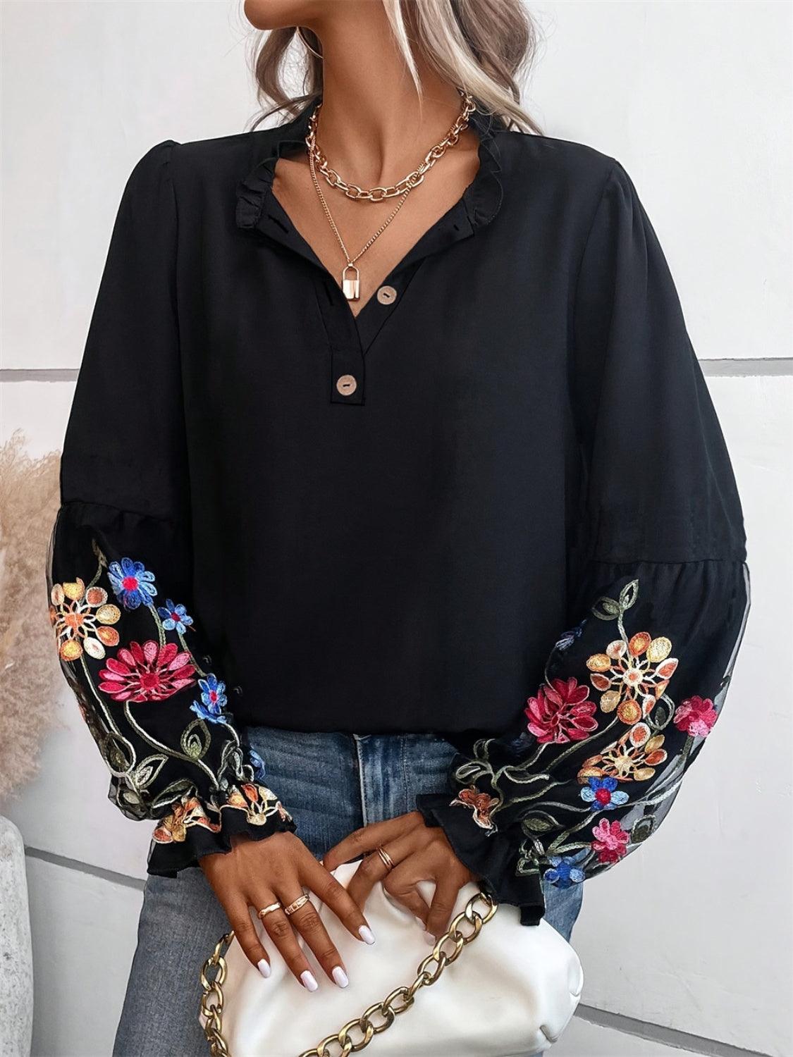 Get trendy with Embroidered Notched Long Sleeve Blouse -  available at Styles Code. Grab yours today!