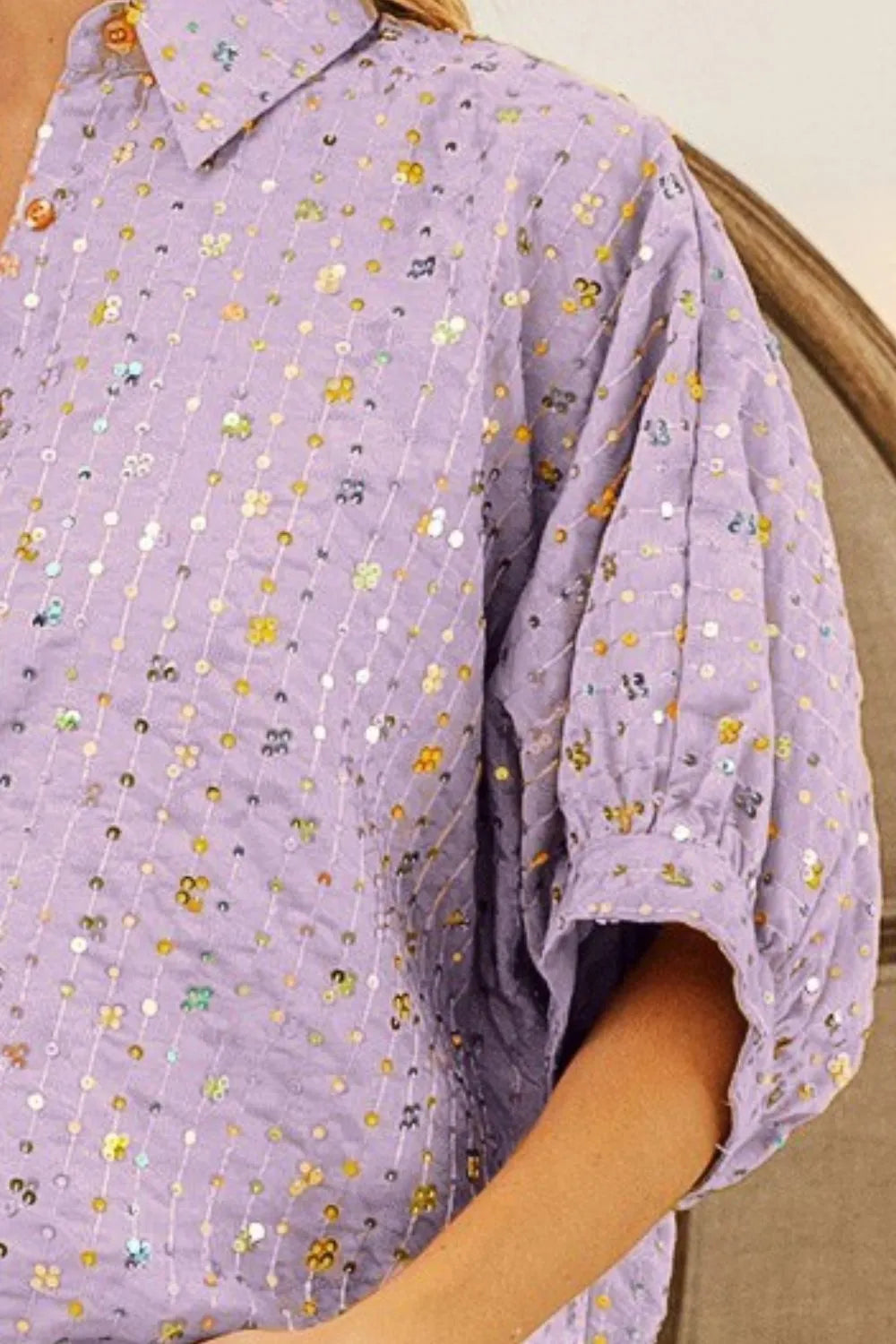 Get trendy with Sequin Dolman Sleeve Shirt - Shirt available at Styles Code. Grab yours today!