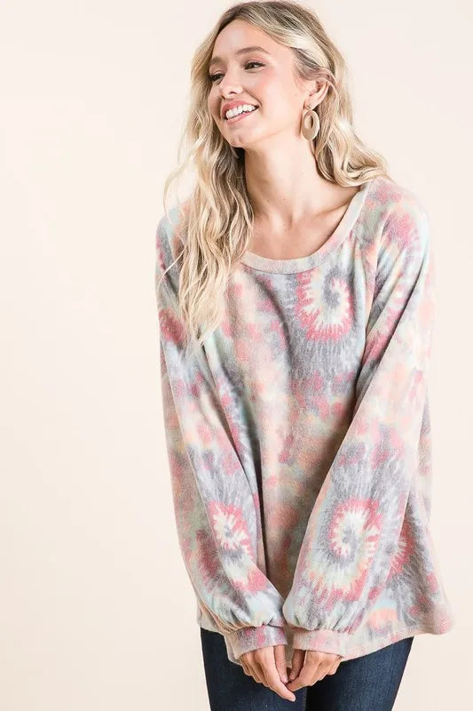 Get trendy with Tie Dye Top with Puff Sleeves - Top available at Styles Code. Grab yours today!
