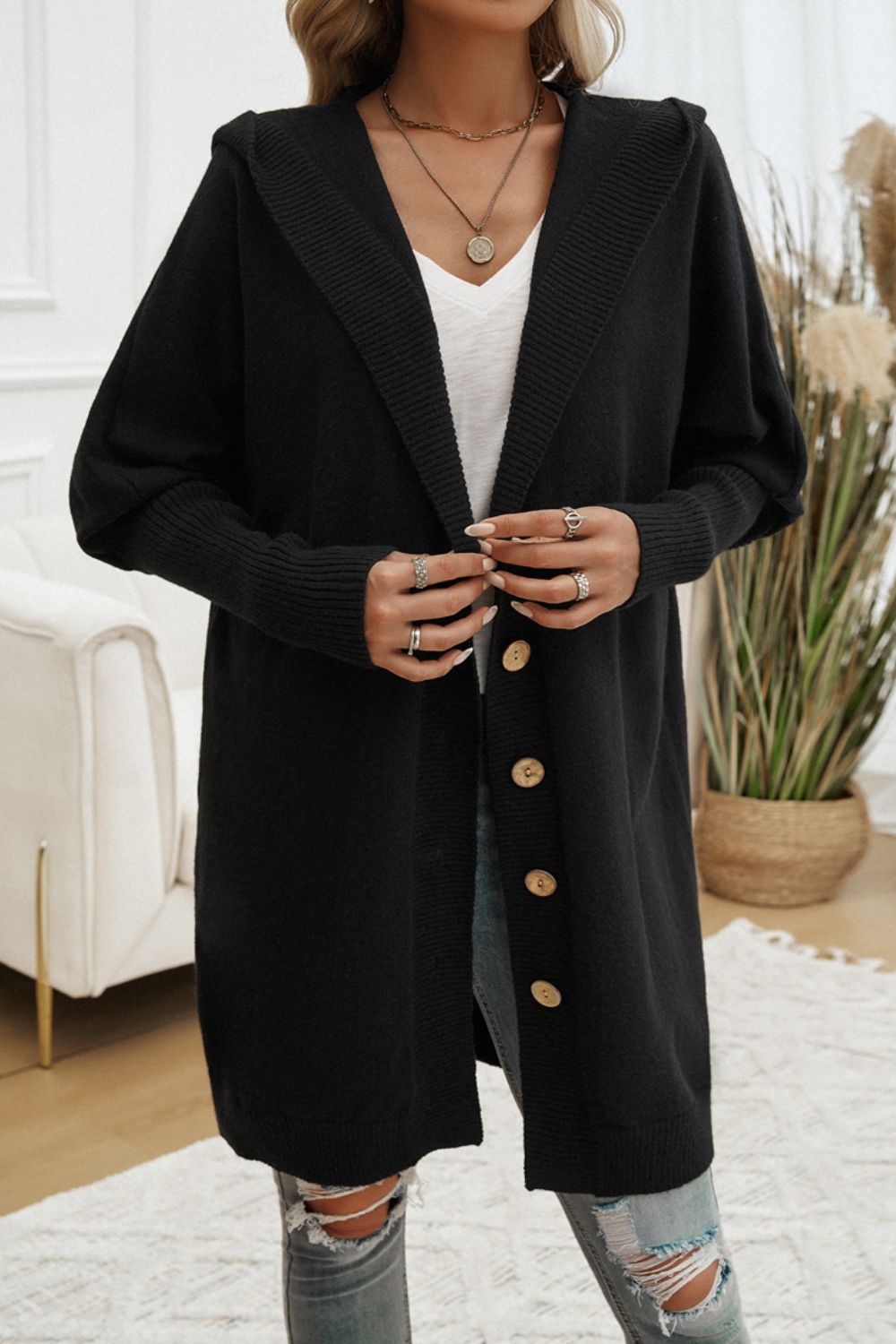 Get trendy with Devine Button Up Long Sleeve Hooded Cardigan -  available at Styles Code. Grab yours today!