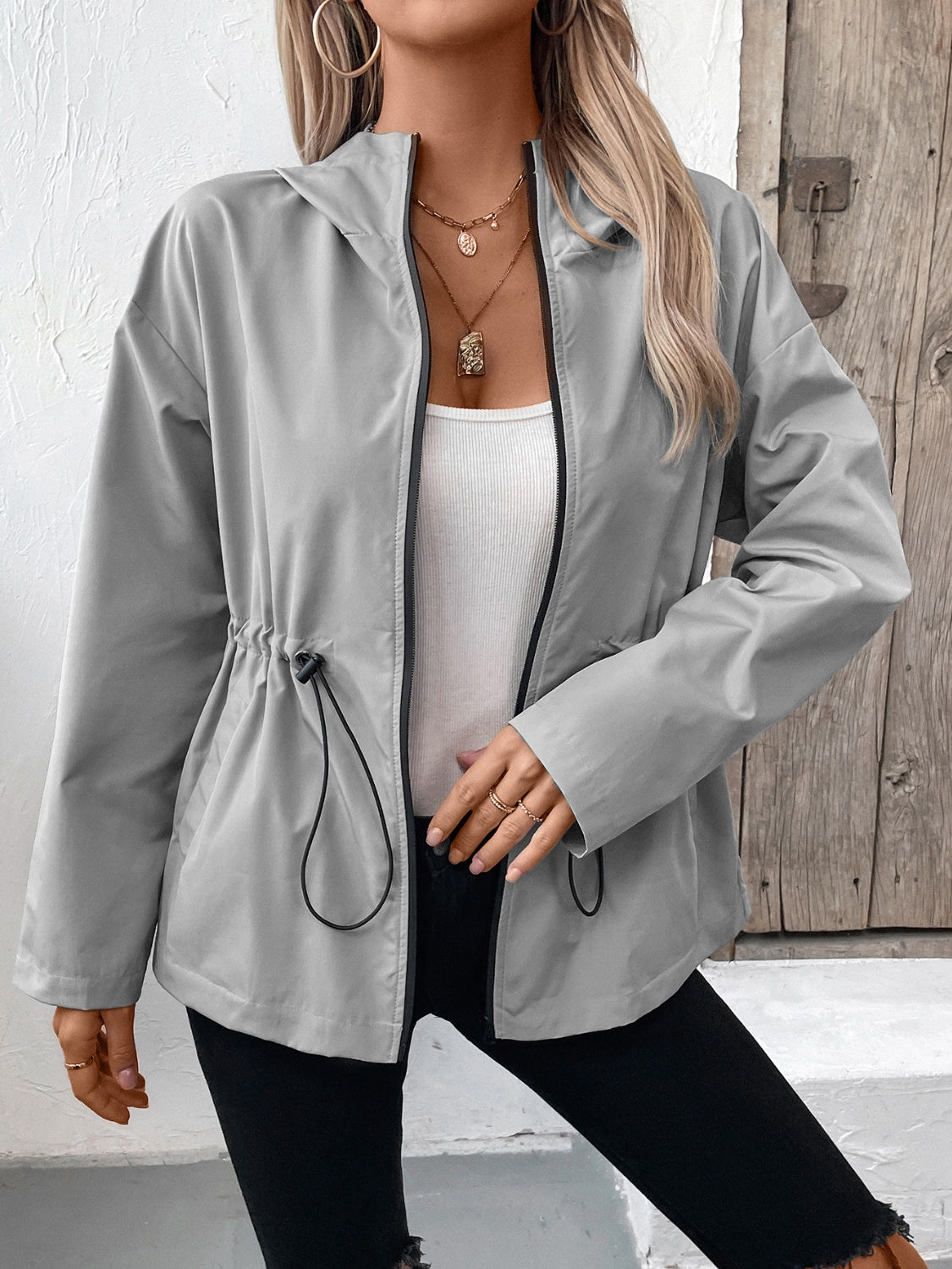 Get trendy with Drawstring Zip Up Hooded Jacket - Jacket available at Styles Code. Grab yours today!