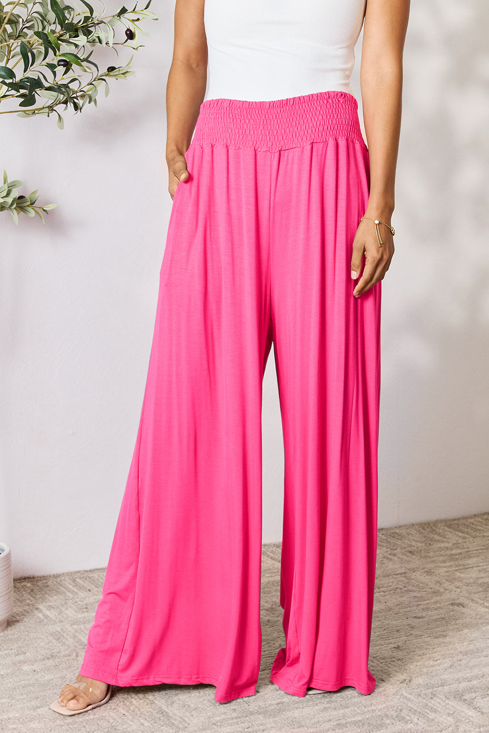 Get trendy with Full Size Smocked Wide Waistband Pants - Pants available at Styles Code. Grab yours today!