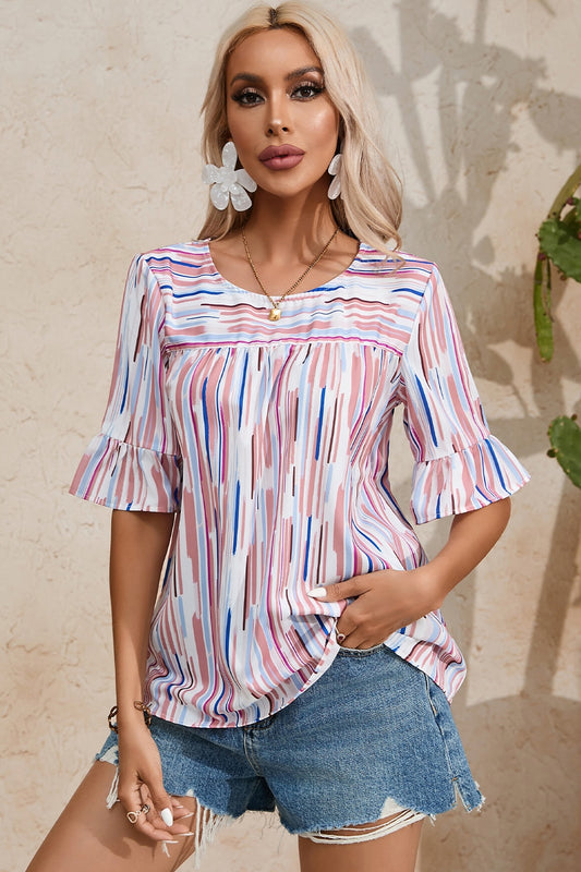 Get trendy with Printed Flounce Sleeve Blouse - Blouse available at Styles Code. Grab yours today!