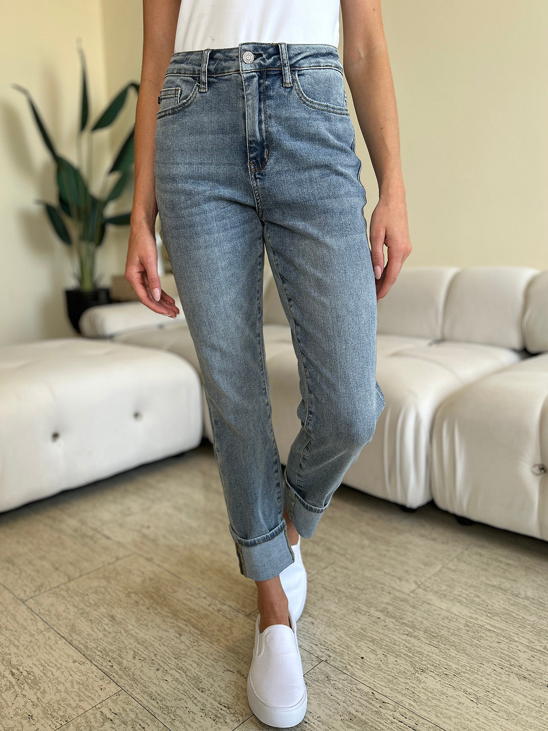 Get trendy with Judy Blue Full Size High Waist Cuff Hem Jeans - Plus Size available at Styles Code. Grab yours today!