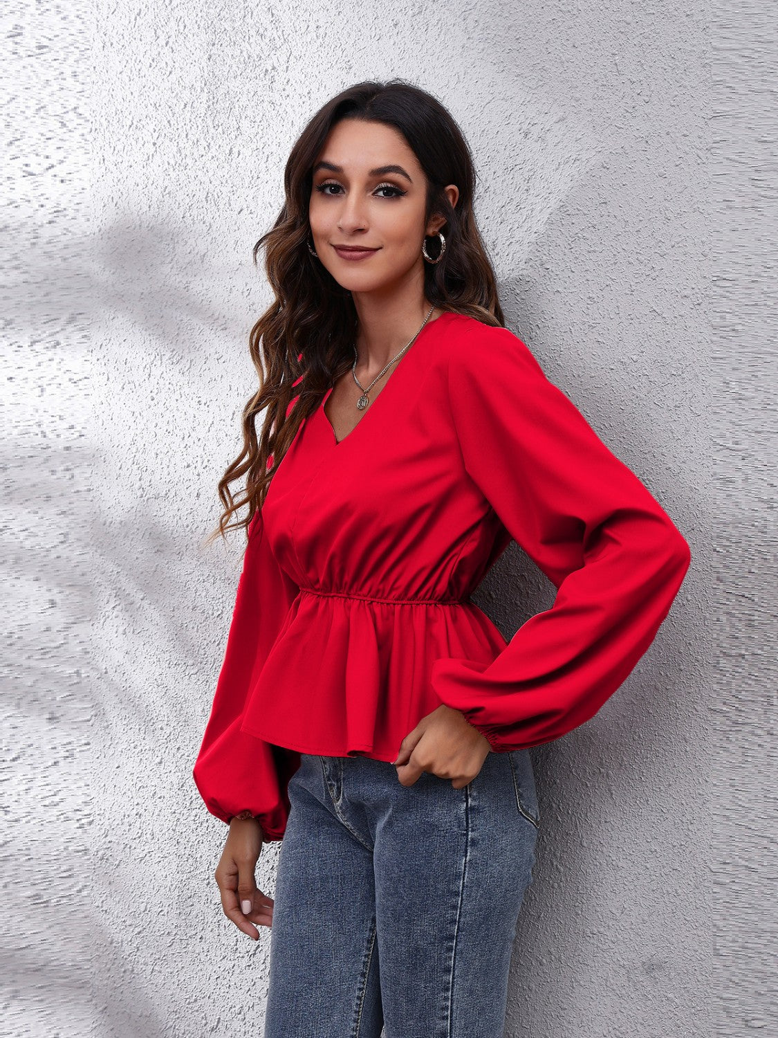 Get trendy with V-Neck Balloon Sleeve Peplum Blouse - Blouse available at Styles Code. Grab yours today!