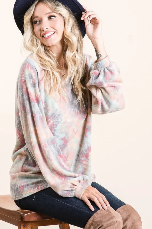 Get trendy with Tie Dye Top with Puff Sleeves - Top available at Styles Code. Grab yours today!