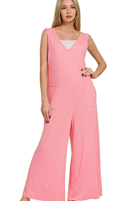 Get trendy with French Terry V Neck Jumpsuit - Jumpsuit available at Styles Code. Grab yours today!