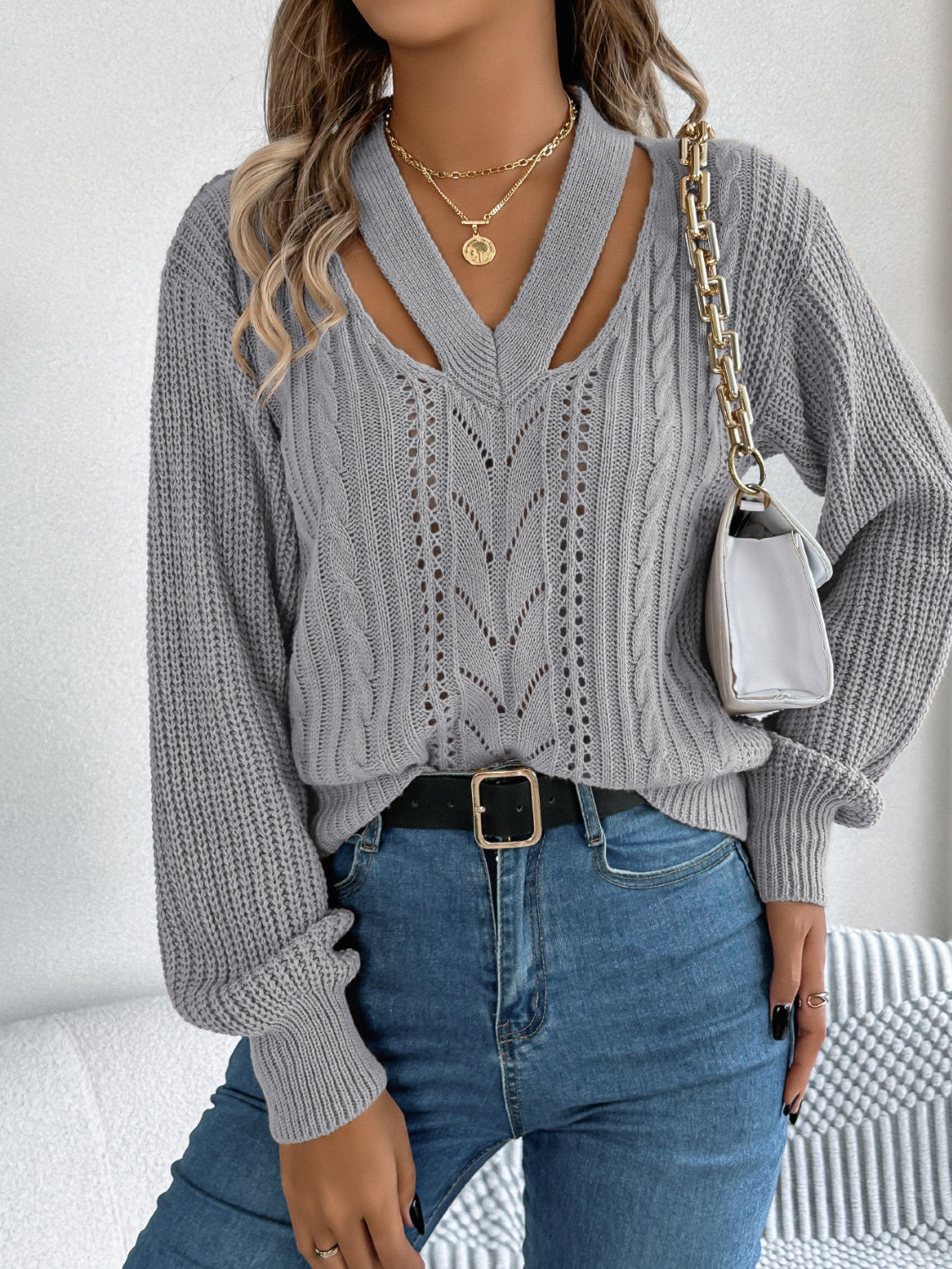 Get trendy with Cutout V-Neck Long Sleeve Sweater -  available at Styles Code. Grab yours today!