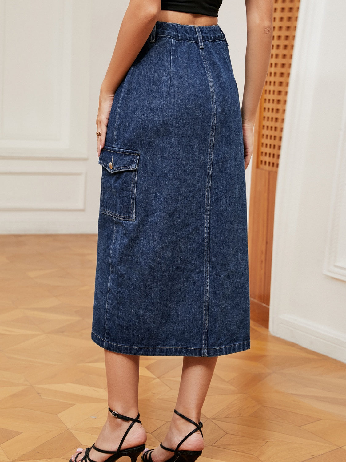 Get trendy with Button Down Midi Denim Skirt - Skirts available at Styles Code. Grab yours today!