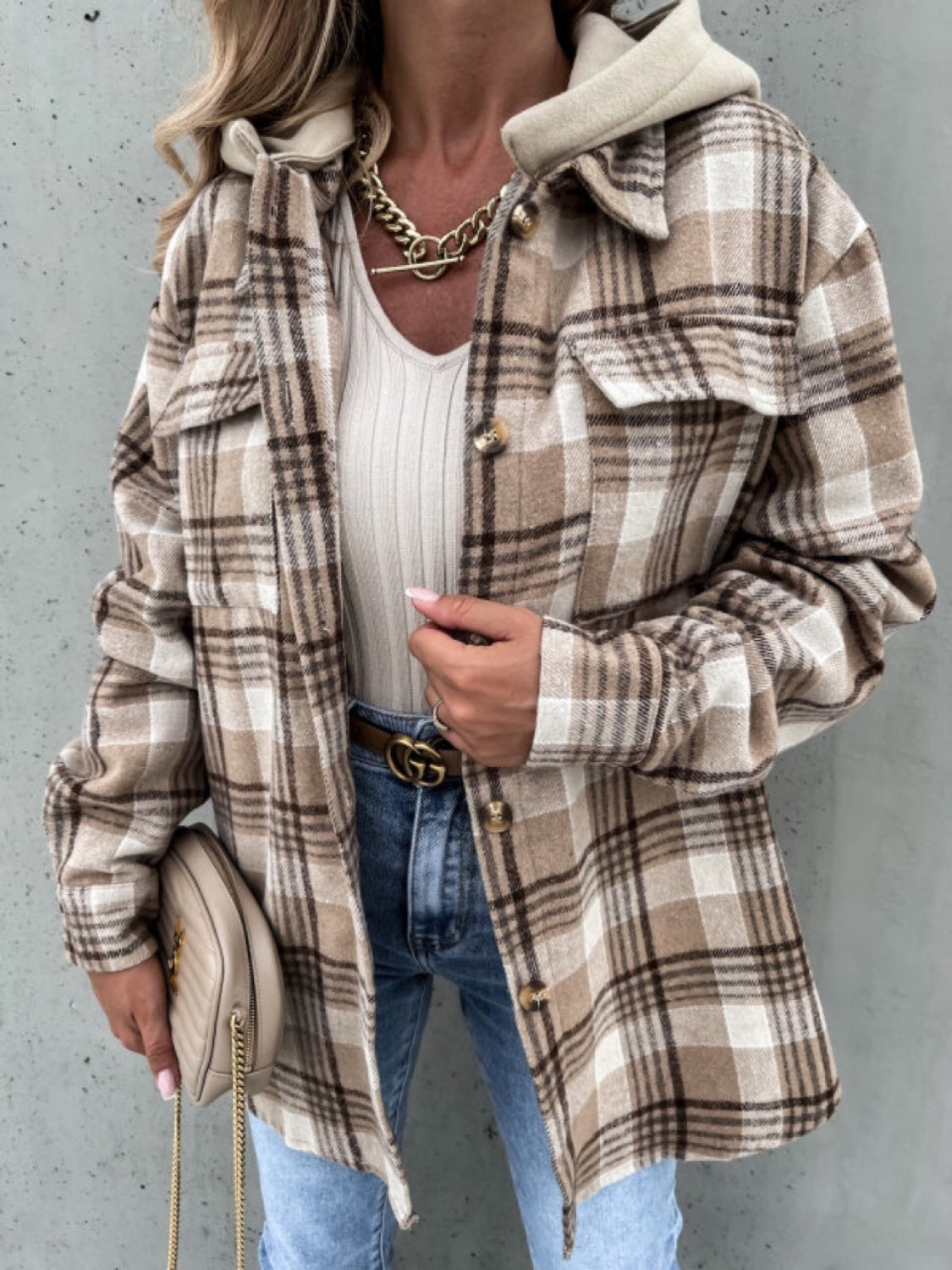 Get trendy with Plaid Dropped Shoulder Hooded Jacket - Jacket available at Styles Code. Grab yours today!