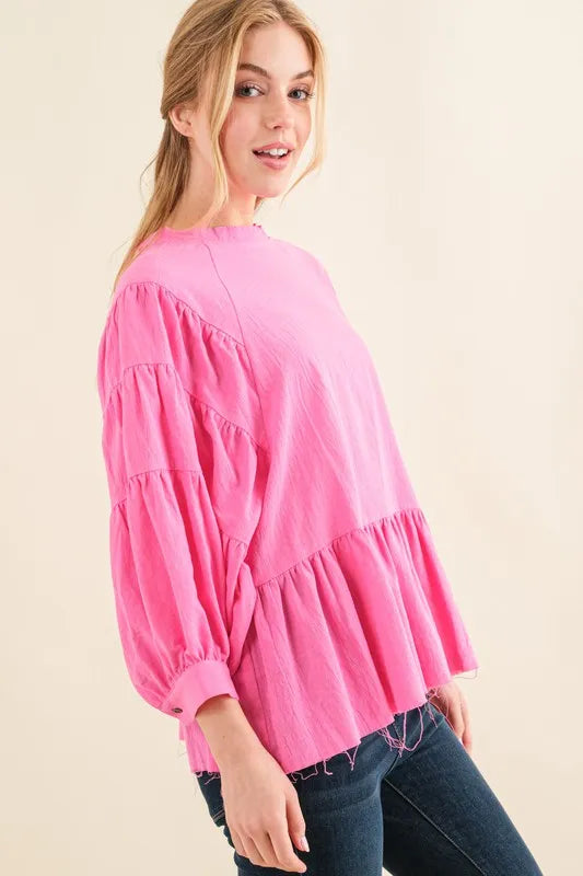 Get trendy with Tiered Raw Edge Hem Blouse - Blouse available at Styles Code. Grab yours today!
