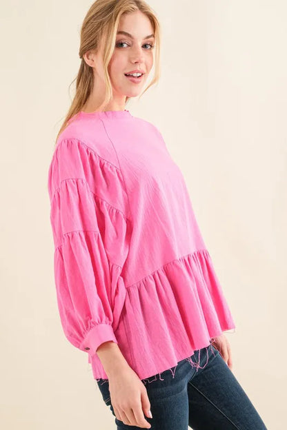 Get trendy with Tiered Raw Edge Hem Blouse - Blouse available at Styles Code. Grab yours today!