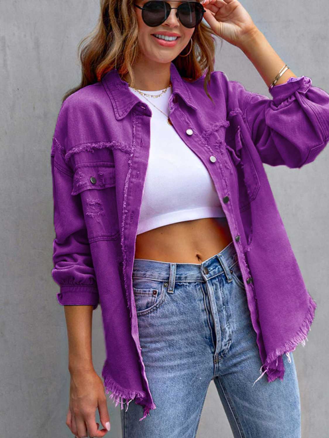 Get trendy with Distressed Drop Shoulder Denim Jacket - Denim Jacket available at Styles Code. Grab yours today!