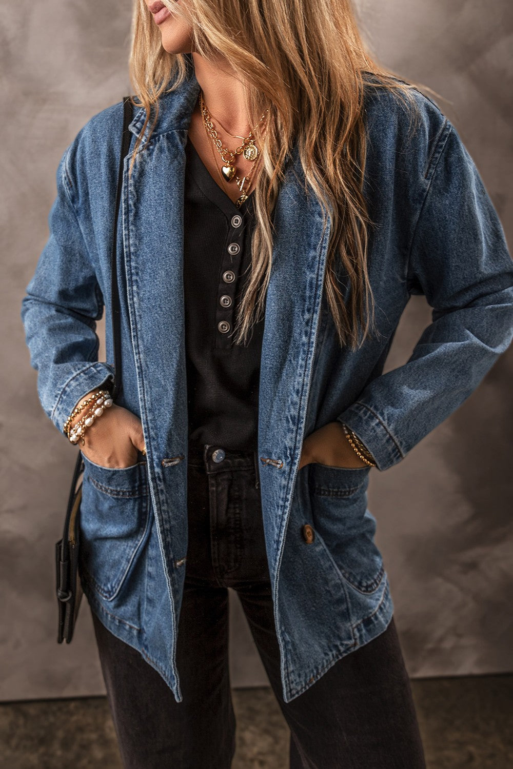 Get trendy with Pocketed Long Sleeve Denim Jacket - Denim Jacket available at Styles Code. Grab yours today!