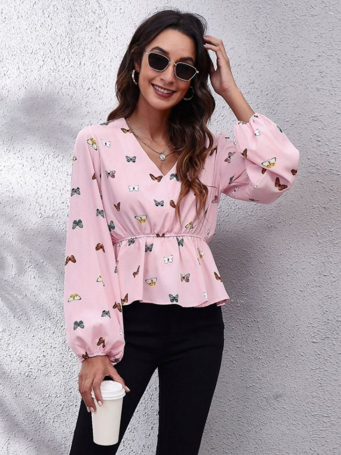 Get trendy with Printed V-Neck Long Sleeve Blouse - Blouse available at Styles Code. Grab yours today!