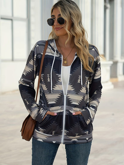 Get trendy with Geometric Zip Up Long Sleeve Hooded Jacket -  available at Styles Code. Grab yours today!