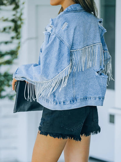 Get trendy with Distressed Fringe Denim Jacket - Denim Jacket available at Styles Code. Grab yours today!