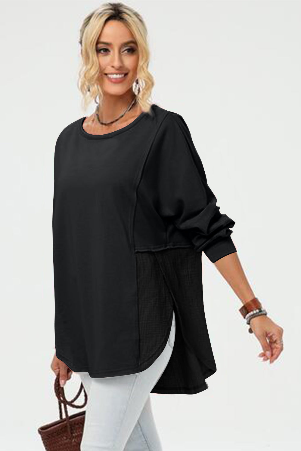 Get trendy with Full Size Long Sleeve High-Low T-Shirt -  available at Styles Code. Grab yours today!