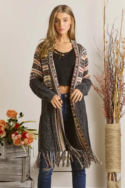 Get trendy with Fringe Hem Aztec Cardigan -  available at Styles Code. Grab yours today!