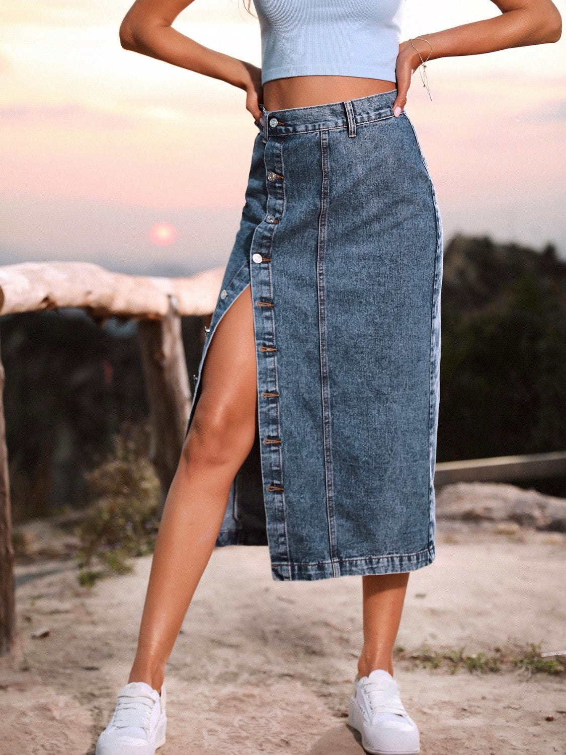 Get trendy with Button Down Denim Skirt - Skirts available at Styles Code. Grab yours today!